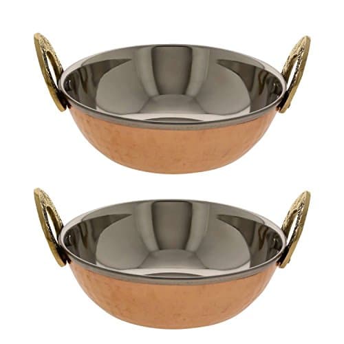 AVS STORE Serving Bowl Copper and Steel Karahi Indian Food Serveware Set of 2