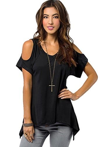 Cuteplus Women's Short Sleeve Cut Out Off Shoulder Tunic Top with High Low Hem