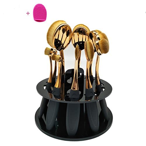 Xuaber 10pcs Oval Makeup Brush Set Professional Makeup Brushes Toothbrush Style Cosmetic Kabuki Brushes Tool Set with Powder Puff Brush Cleaner and Stand Holder Drying Tower