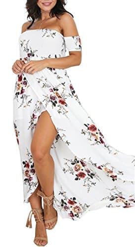 Shineya Women's Floral Boho Off The Shoulder Maxi Shirred Beach Party Dress White 2XL