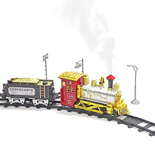KiiToys Battery Powered Rail Train with Steam Puffing Electric Toy Train Playset - Holiday Express - Red