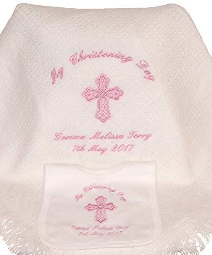 Baby’s Personalised Christening/Baptism/ Naming Day Guardian Cross Shawl & Bib Set (Pink)