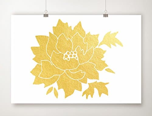Gold Flower Print, Gold Foil Leaf Peony Art, Modern Nature Artwork, Metallic Wall Art, Nursery Print