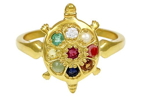 Round Cut White CZ Diamond Navaratna Tortoise Ring Fancy Party Wear Ring for Men & Women 14k Yellow Gold Plated