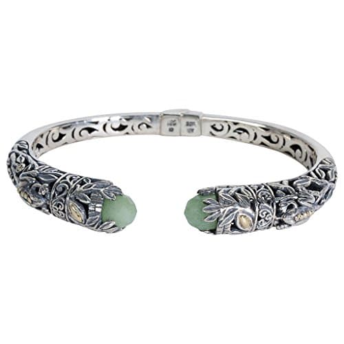 Robert Manse Aventurine Hinged Cuff W/ Frog Motif in Sterling Silver &amp; 18KY Gold