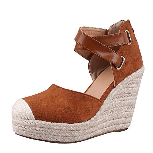 Nailyhome Womens Espadrille Platform Sandals Closed Toe Buckled Ankle Strap Wedge Sandals