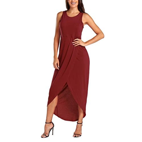 Kstare Women's Casual Summer Sleeveless Loose Solid Color Split Beach Long Maxi Dress (S, Red)