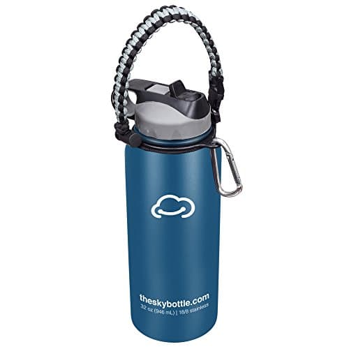 Stainless Steel Vacuum Insulated Water Bottle with Straw Lid and FREE paracord handle with metal carabiner - Keeps Hot &amp; Cold Beverages for Hours - Thermos Double Walled - 32 oz.(1 Liter) - Gray Blue