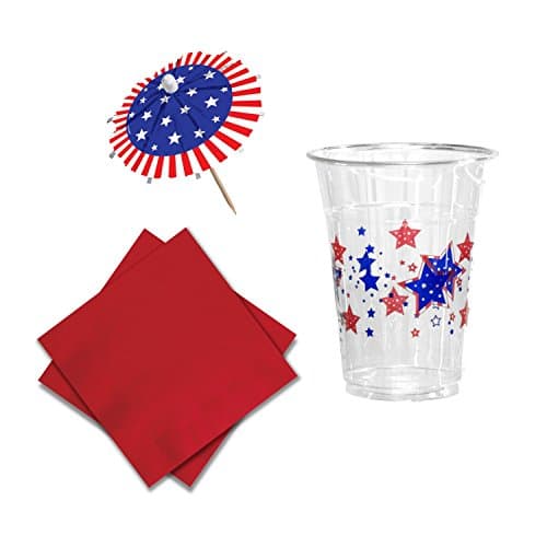 Red White and Blue Festive Star Party Cups - Includes 20 Plastic Beverage Cups, 20 Beverage Napkins and 24 Drink Umbrellas