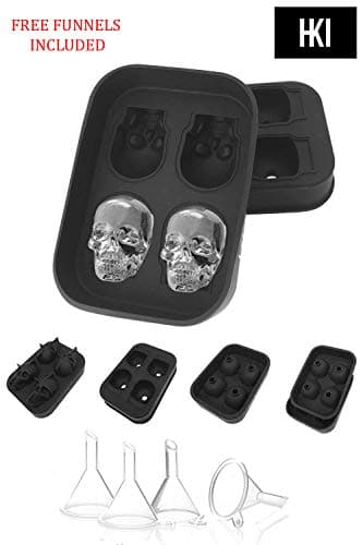 HKI 3D Ice Skull Maker Tray Silicone Mould for Freezer | Whiskey Rounders Chocolate Candy Mold with Funnel | BPA Free Large Mould | DIY Bar Accessories and Tools | for Beer and All Kinds of Beverages