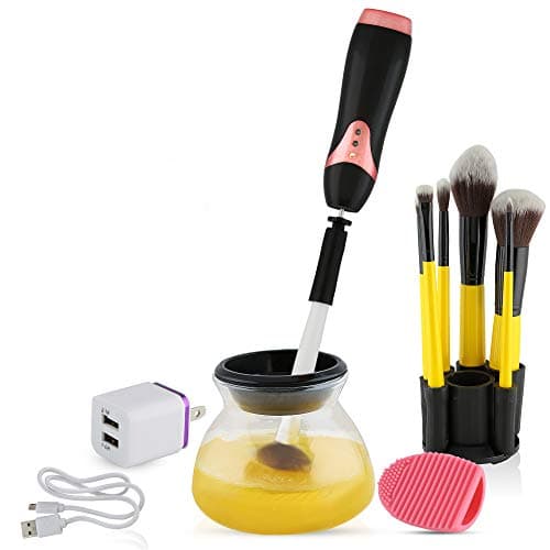 USB Rechargeable Makeup Brush Cleaner - Electronic Spinner Automatically Cleans Virtually ANY Brush Size in Exclusive New Patented Collar Design. Thoroughly Cleans and Dries your Brushes in Seconds.
