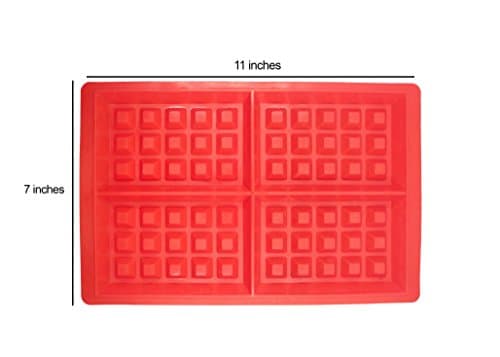 Eligite Silicone Waffle Maker Mold (Red) 4-Pieces Non-Stick Baking Tool - Oven/Microwave/Dishwasher/Freezer Safe - Comes with FREE ebook