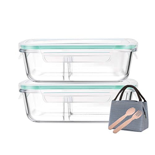 Levoberg 2 Piece Glass Food Box with Insulated Lunch Bag & Cutlery Container Lunch Glass 18 * 13.5 * 6 cm, green, 18*13.5*6cm