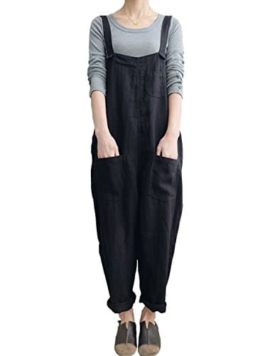 Fancy beautystyle Women's Casual Overalls Linen Jumpsuits Harem Pants With Pockets (X-Large, Black)