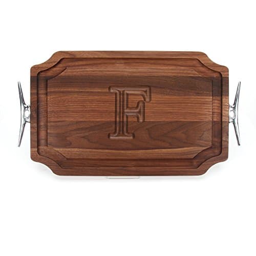 BigWood Boards W320-LCLT-F Carving Board with Scalloped Corners with Large Boat Cleat Handle in Cast Aluminum, 15-Inch by 24-Inch by 1.25-Inch, Monogrammed "F", Walnut