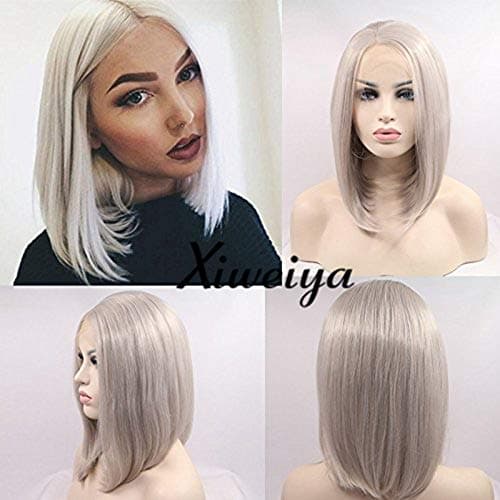 Xiweiya Silver Grey Short Silky Straight Bob Synthetic Lace Front Wig Grey Bob Heat Resistant Fiber Hair Wigs For Women Short Grey Bob Wig