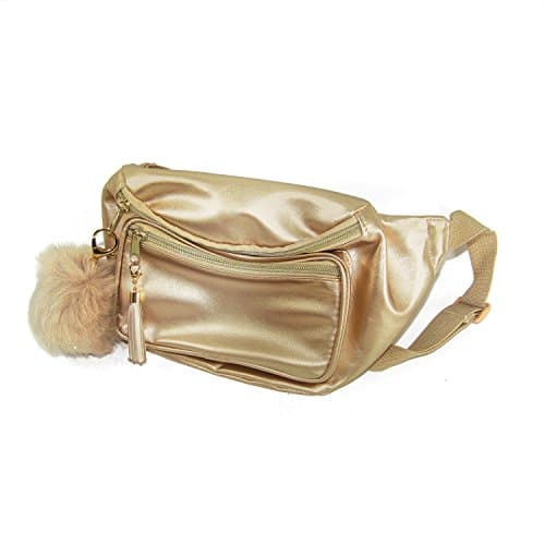 Faux Leather Belt Bag with Removable Faux Fur Pom Pom and Tassel Charm (Gold)