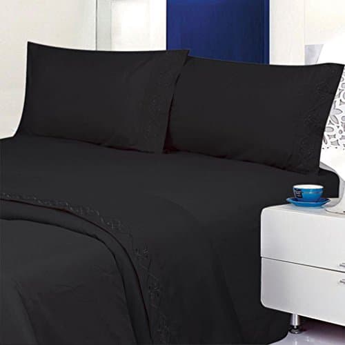 ELEGANTE PREMIERE 1800 SERIES, Embroidered 4pc Bed Sheet Set - King Size, Black