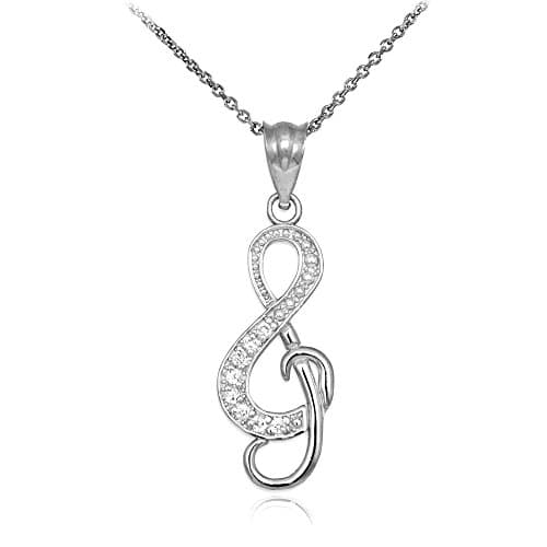 10k White Gold Diamond Treble Clef Charm Music Note Pendant Necklace, 20"
