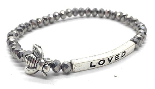 Bumble Bee Loved Inspirational Quote Bracelet Bead Stacking Stretch Made in USA (Silver)