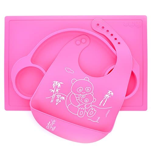 Set Silicone Car Placemat and Matching Mommy and Baby Panda Bib Kids Babies Toddlers Meal Plate (Pink)