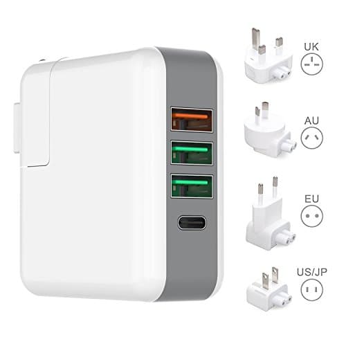 All-in-One USB Travel Charger Plug, 4 Port Charger Adapter with UK EU US AU International Plug Quick Charger 3.0 Tech Type C for MacBook Cell Phone Wall Chargers for iPhone ,iPad, Samsung Galaxy