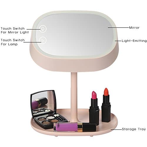 EcBy TECH Lighted Makeup Vanity Mirror with Table Lamp for Bedroom Home, Smart Makeup Mirror with Touch Sensor LED Night light for Women (ABS, Pink)