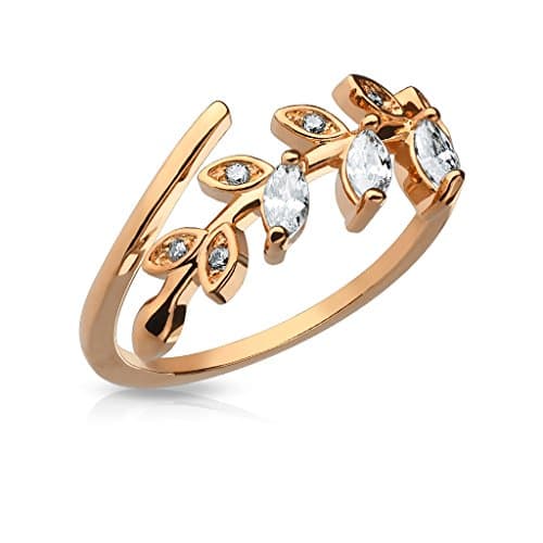 Marquise Cut CZ Set Leaf Adjustable Rhodium Plated Brass Finger Mid-Ring or Toe Ring - Choose Color (Rose Gold)