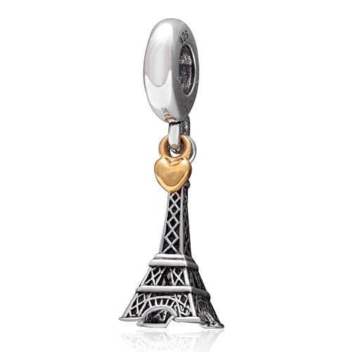 Hoobeads The Paris Eiffel Tower Charm Beads with Golden Heart Authentic 925 Sterling Silver Dangle Pendant