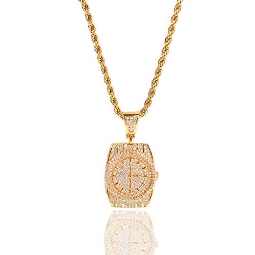 Junmei Men Hip Hop Twist Chain CZ Crystal Bling Bling Fully Iced-Out Dial Watch Pendant Necklace