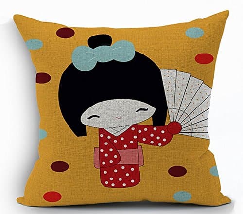 LCArtStore cute Japanese geisha doll folding fans umbrella and cherry2 18x18 Inch Cotton Linen Decorative Pillow Case Throw Pillow.