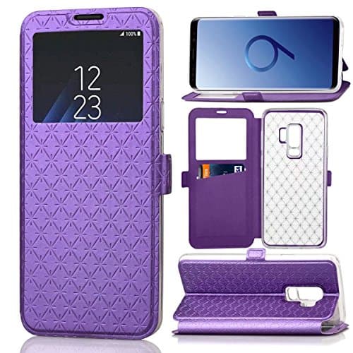 Galaxy S9+ Plus Case, ArtMine Grid Pattern Flip Leather Window View Design Slim Fit Case Cover for Samsung Galaxy S9+ Plus 6.2-inch, Purple