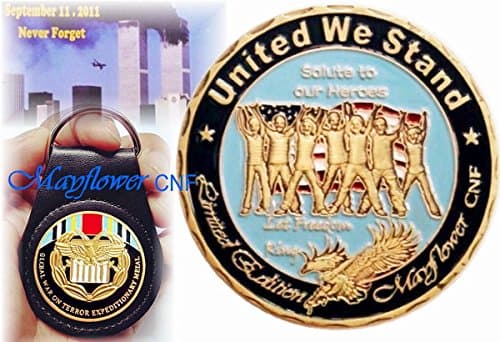 Mayflower CNF Coin &Leather Holder, Never Forget Fallen Officer from 911 Terrorist Attacks - Expeditionary Medal of Global War on Terror, United We Stand