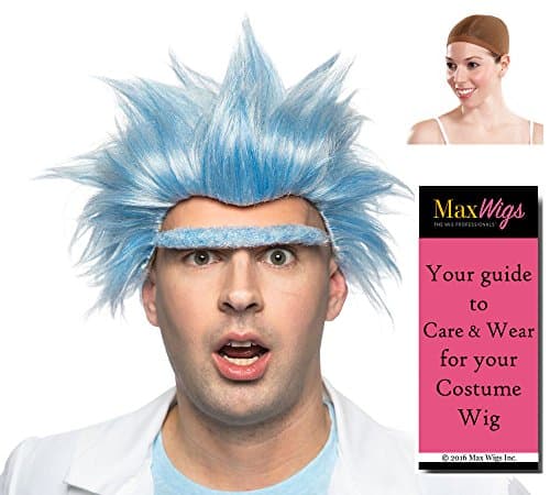 Mad Grandpa Color Sky Blue - Enigma Wigs Rick Eyebrow Set Wild Scientist Unibrow Morty Style Bundle w/Cap, MaxWigs Costume Wig Care Guide