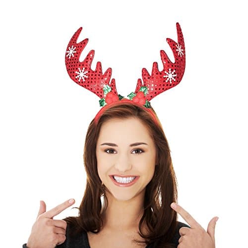 Santacon Christmas Party Reindeer Antler Headband, Red or Green, Fabric &amp; Sequins, 11 1/2" by 11 1/2", Pack of 1
