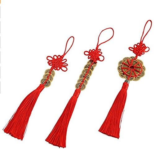 Chinese Antique Traditional Red Enless Knot Feng Shui Lucky Coins for Wealth and Good Fortune--3pcs (No.2)