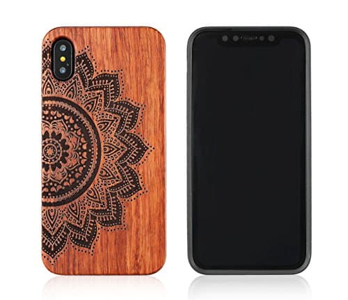 JUBECO for iPhone X Case, Wood +PC+ TPU Hybrid [ Perfect Fit ] Hard Protect Case Shock Absorption,Nature Case (mandala rosewood)