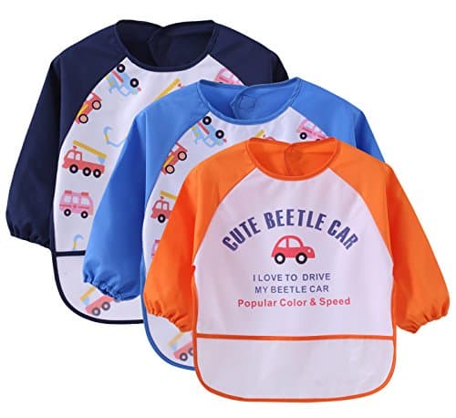 3PCS Infant Baby Waterproof Sleeved Bib Car Printed Smock for Burp Cloth Sets 0-3T Baby - Orange &amp; Blue &amp; Navy