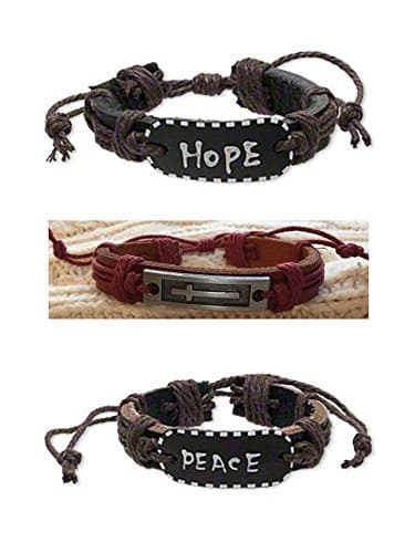 Three Adjustable Leather Bracelets Hope Peace Cross Inspirational Christian Unisex