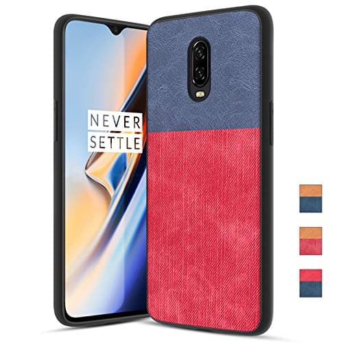 OnePlus 6T Case with Dual Layer Shockproof Half PC Back & TPU Soft Jeans Lines Full-Body Protective Armor Scrape Proof Heavy Duty case, Blue+Red