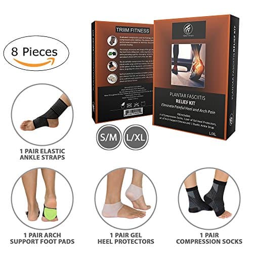 Plantar Fasciitis Relief Kit - Includes Plantar Fasciitis Silicone Heel Protectors-1 pair, Arch Support Pads-1 pair, Compression socks-1 pair, Ankle brace-1 pair(4 pairs/8 count) &amp; Exercise E-Guide