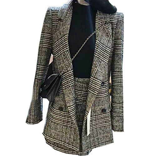 Women's Woolen Tweed Jacket Coat With Skirt Business Blazer Two Set Suit (S)