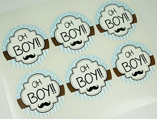 12 OH BOY!! Mustache Print Round Favor Stickers 2 inch Diameter