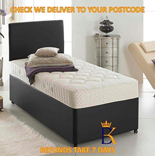 CustomBeds SINGLE BLACK FAUX LEATHER DIVAN BED FOR ADULTS OR KIDS WITH MATTRESS + CHOOSE STORAGE + FREE HEADBOARD (3FT NO STORAGE)