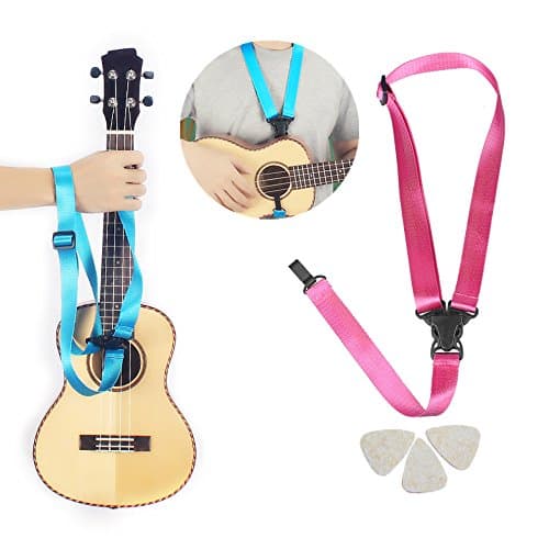 Easeicon Adjustable Button-Free Ukulele Strap Plain Belt [Extra Comfortable Design] UKE Neck Sling + 3 Felt Picks - Ideal for Hawaiian Ukelele(Baritone Tenor Concert Soprano) (Pink)