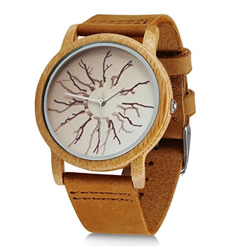 Bamboo Wooden Watch,Handmade Analog Quartz Genuine Leather Strap,Unisex Wrist Watch