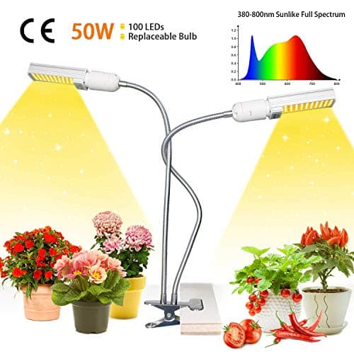 50W LED Grow Light, Newest Sunlike Full Spectrum Grow Lamp, Dual Head 360 Degree Gooseneck Office Plant Light, Replaceable Bulb,Double Switch for Indoor Plants Seedling Growing (2019 Update)