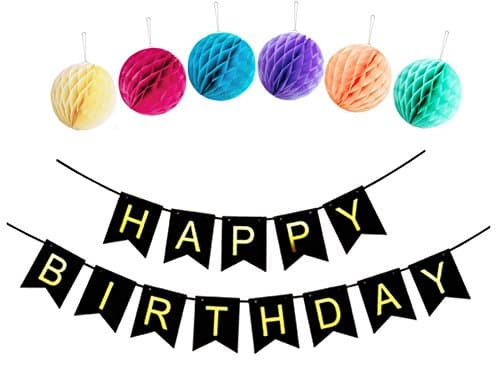 JoyAcc 2.5M Happy Birthday Banner with 6 Colorful 8 Inch Tissue Poms, Perfect Birthday Decoration and Party Supplies - Black &amp; Gold Letter