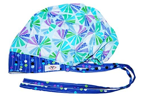 MedCap Scrub Hat Bouffant Scrub Cap with ties Ponytail Bubbles Blue Whirly Too