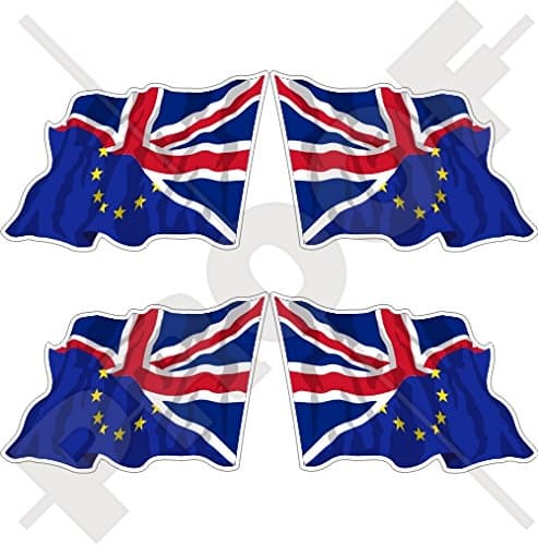 EUROPE-UK Waving Flag, European Union-United Kingdom EU-British Union Jack 2" (50mm) Vinyl Bumper-Helmet Stickers, Decals x4 (Left-Right)